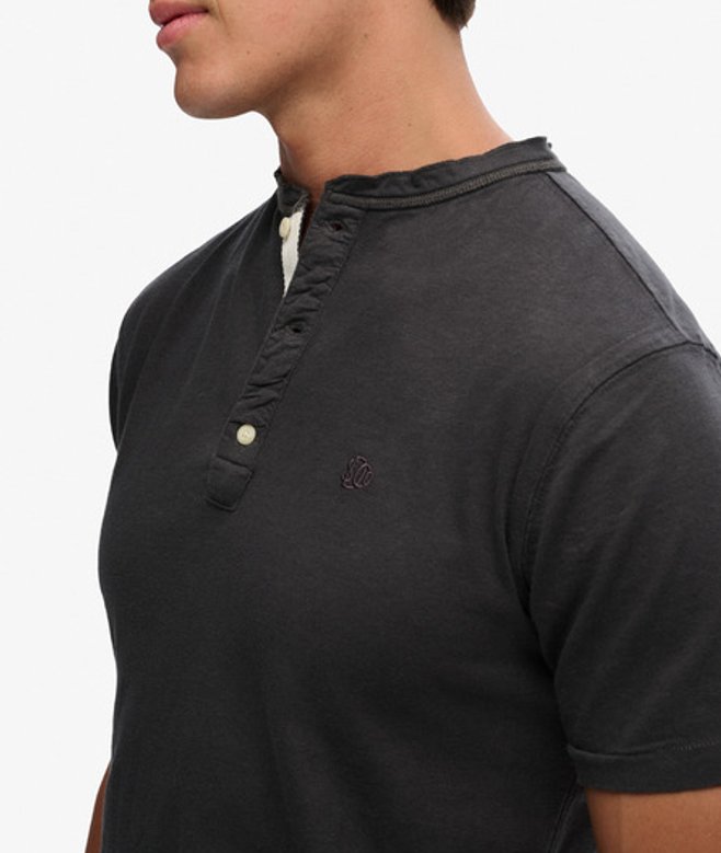 Superdry Homme T-shirt Henley à Manches Courtes en Coton et lin Dark Grey