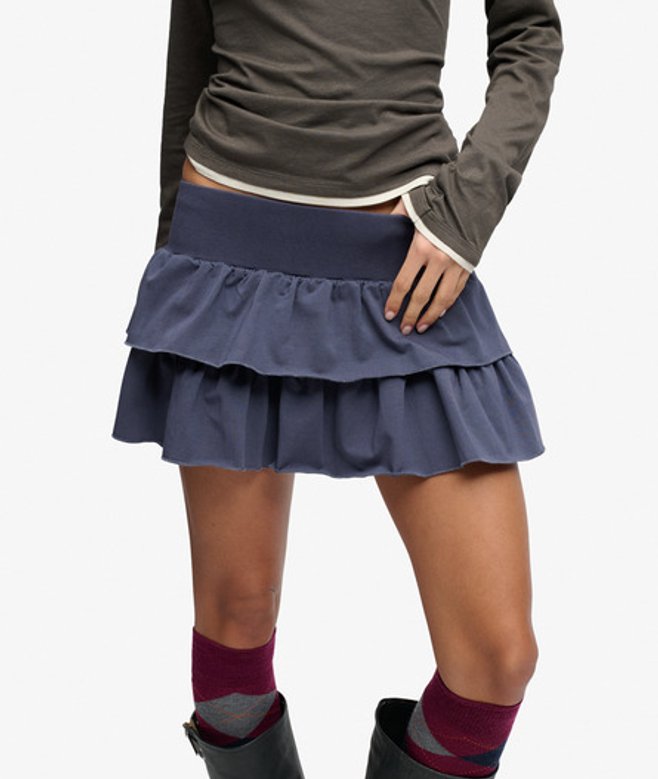 Superdry Damen Bench Tiefsitzender Stufenrock Navy - Größe: Xxs
