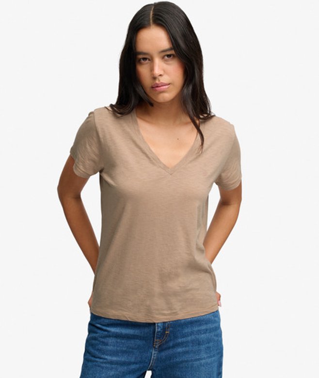 Studios Slub T-shirt met Borduursel Beige Grootte: 36