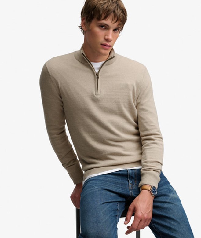 Essential Lichtgewicht Wol Blend Half Zip Trui Slanke Pasvorm Crème Grootte: L