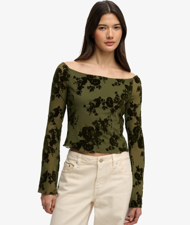Flocked Mesh Top Met Lange Mouwen