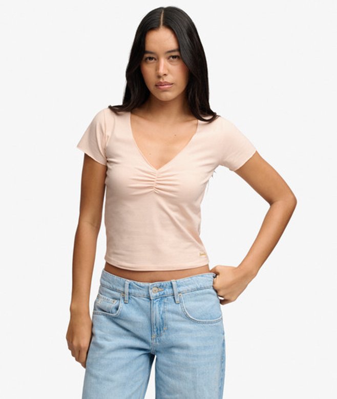 Gathered V-neck Crop T-shirt Slanke Pasvorm