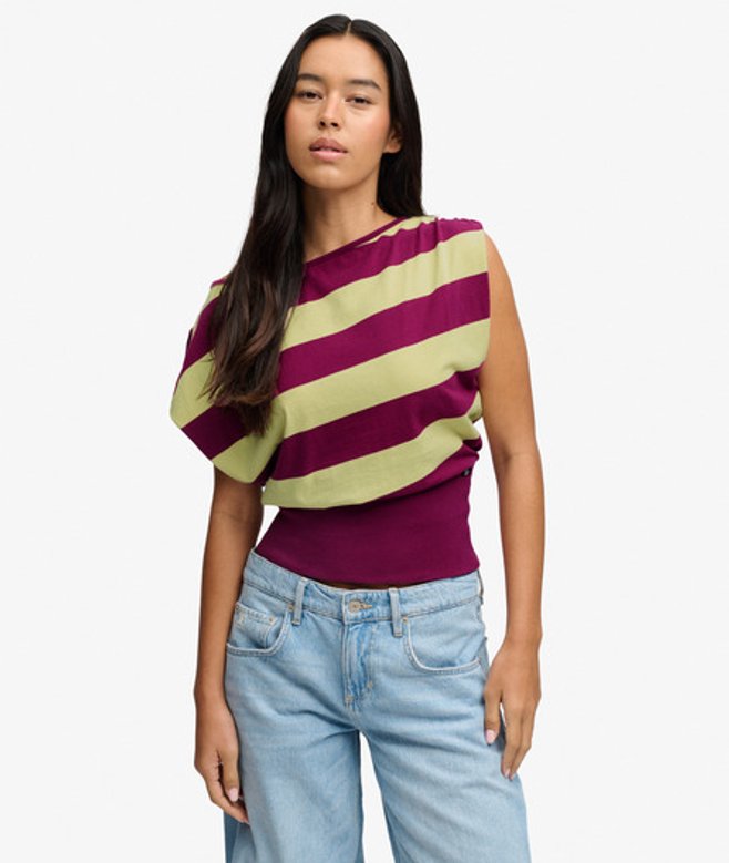 Deep Rib Stripe Bardot Top Slanke Pasvorm