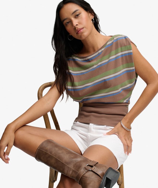Deep Rib Stripe Bardot Top Slanke Pasvorm