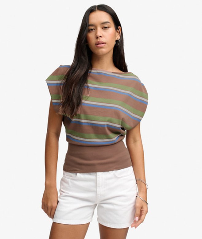 Deep Rib Stripe Bardot Top Slanke Pasvorm