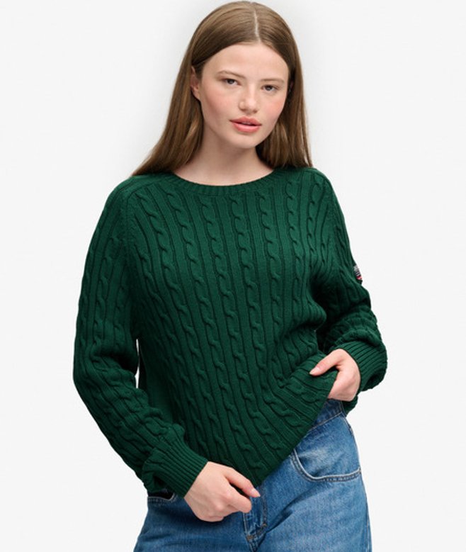 Superdry Damen Grün Lässiger Strickpullover mit Zopfmuster, Größe: 44