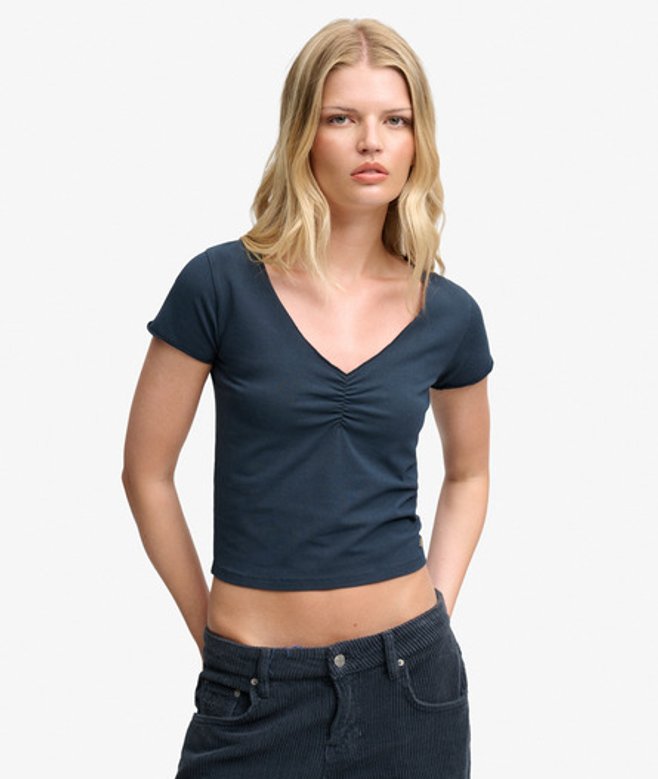 Gathered V-neck Crop T-shirt Slanke Pasvorm