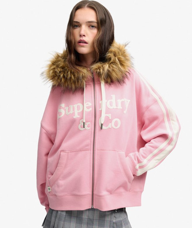 Vintage Fur Applique Hoodie met Rits Oversized Pasvorm