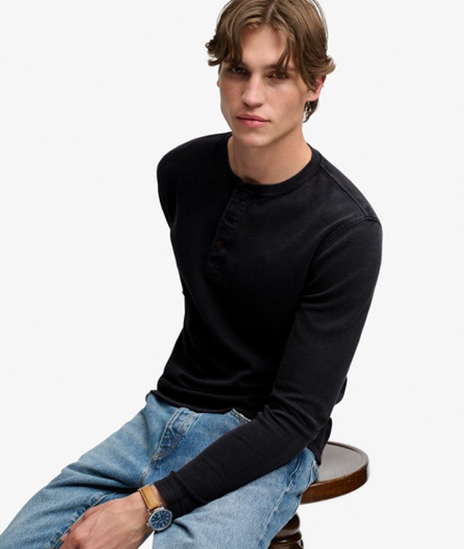 Waffle Henley Top met Lange Mouwen
