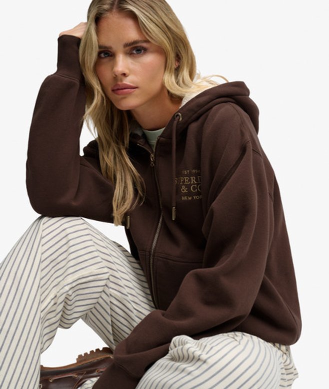 Superdry Luxe Hoodie met Bontkraag en Rits Brown