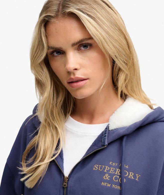 Superdry Luxe Hoodie met Bontkraag en Rits Dark Blue