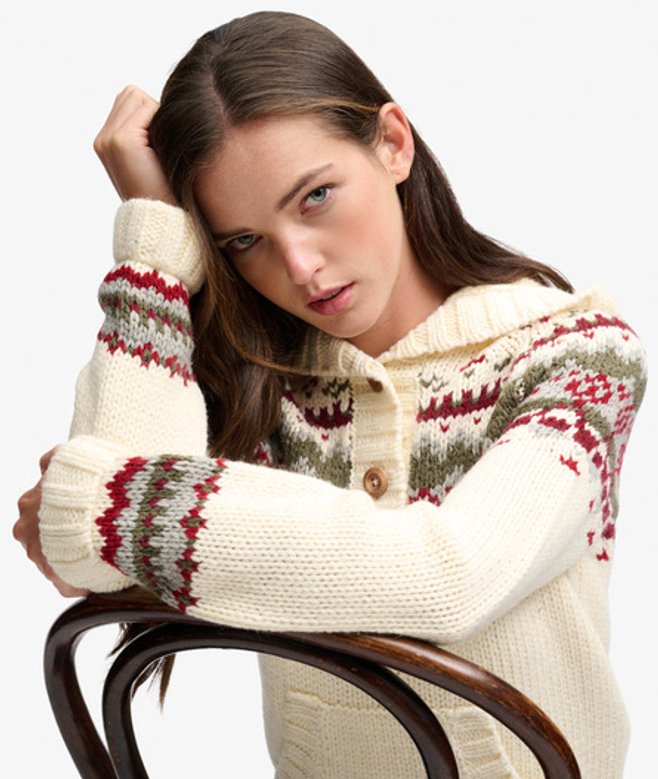 Superdry Fairisle 1/2 Button Hoodie Relaxed Pasvorm White