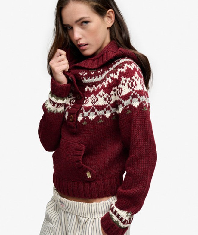 Superdry Fairisle 1/2 Button Hoodie Relaxed Pasvorm Red