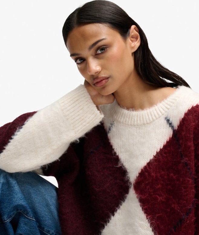 Slouchy Brushed Argyle Gebreide Trui Relaxed Pasvorm Crème Grootte: 34
