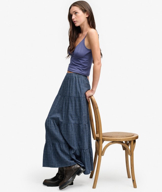 Superdry & Co Geruite Gelaagde Maxi Rok Relaxed Pasvorm