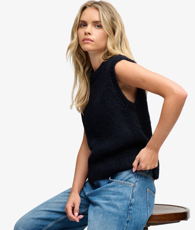 Brushed Knit Tanktop met Ronde Hals Blauw Grootte: 38
