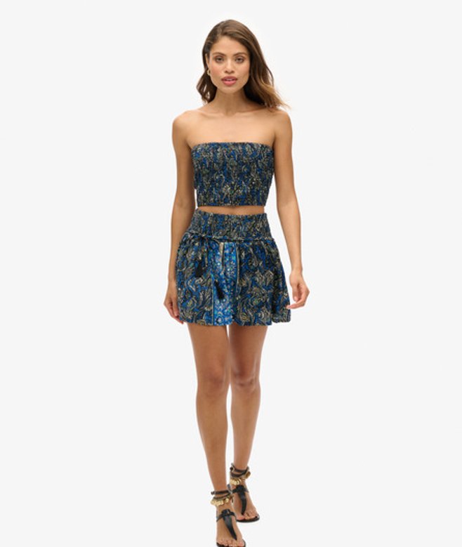 Superdry & Co Ladies Paisley Print St Tropez Mini Skirt, Navy Blue and White, Size: 10