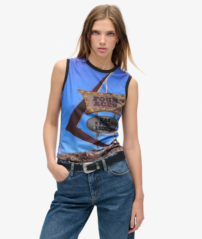 Superdry & Co Women's Sub Print Vest Top Blue / Four Aces Aop - Size: 14