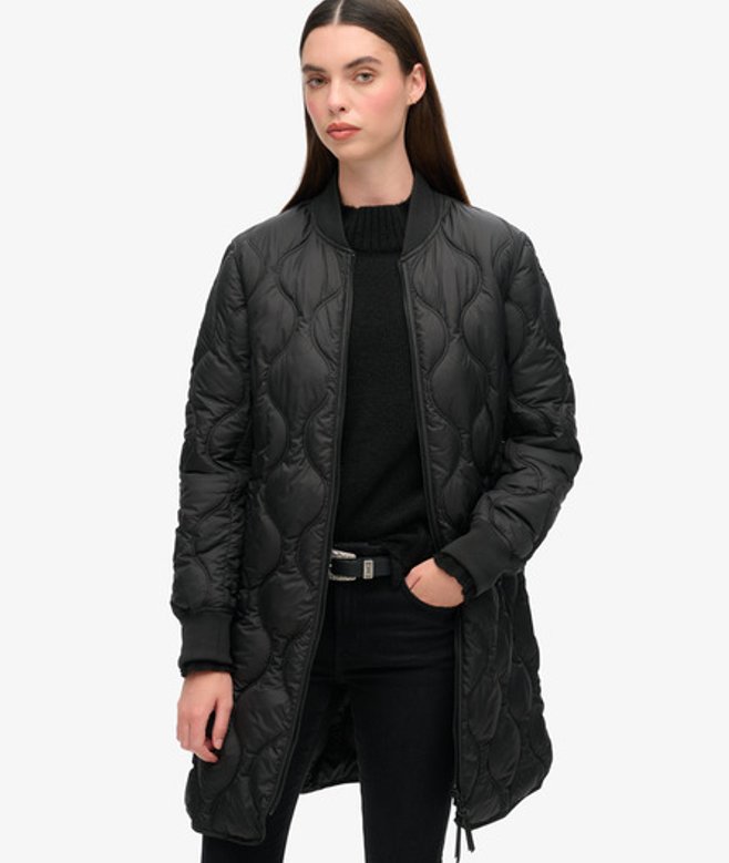 Superdry & Co Ladies Lightweight Quilted Studios Long Coat, Black, Size: 10
