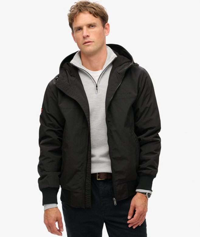 Superdry & Co Mens Classic Embroidered Logo Surplus Nylon Hooded Bomber Jacket, Black, Size: M