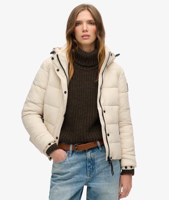Superdry & Co Women's Faux Fur Short Hooded Puffer Jacket Beige / Rainy Day Grey - Size: 12