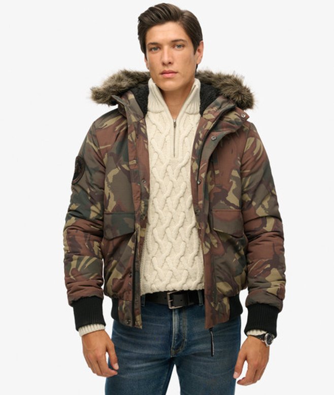 Superdry & Co Men's Everest Hooded Puffer Bomber Jacket Green / Army Camo - Size: L