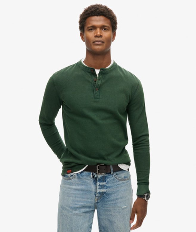 Superdry & Co Men's Classic Vintage Textured Grandad Top, Dark Green, Size: L