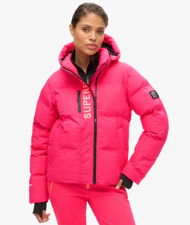 Superdry & Co Women's Hooded Ski Boxy Puffer Jacket Pink / Hyper Fire Pink - Size: 8