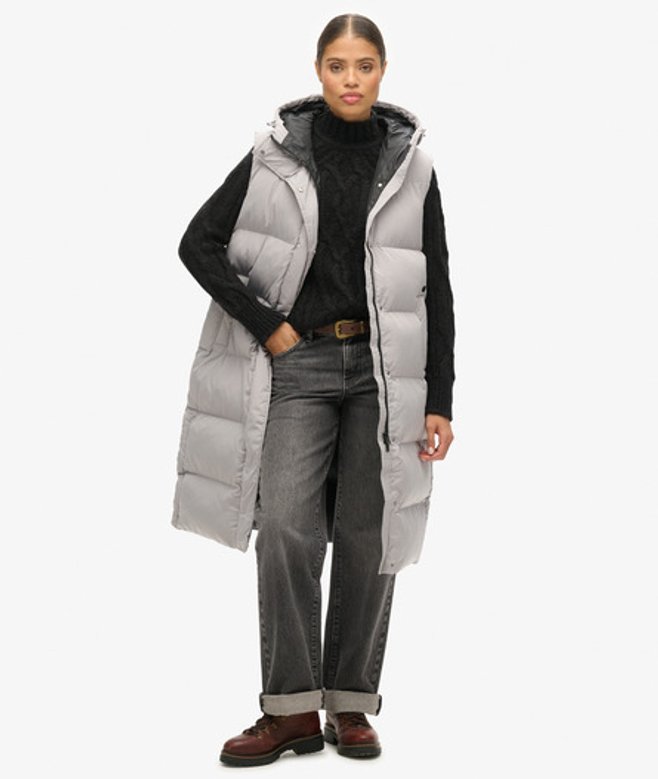 Superdry & Co Women's Long Hooded Padded Gilet Light Grey / Flat Grey - Size: 12