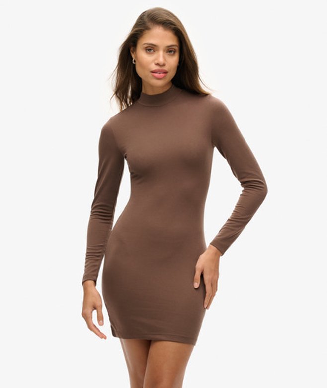Superdry Women's Modal High Neck Long Sleeve Jersey Mini Dress, Brown, Size: 8