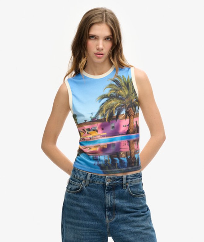 Superdry & Co Women's Sub Print Vest Top White / Palm Blue Aop - Size: 14