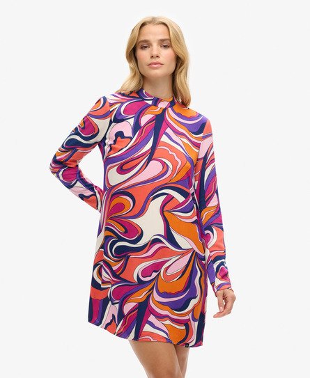 Superdry Ladies Long Sleeve Printed Mini Dress, Blue, Red and White, Size: 12
