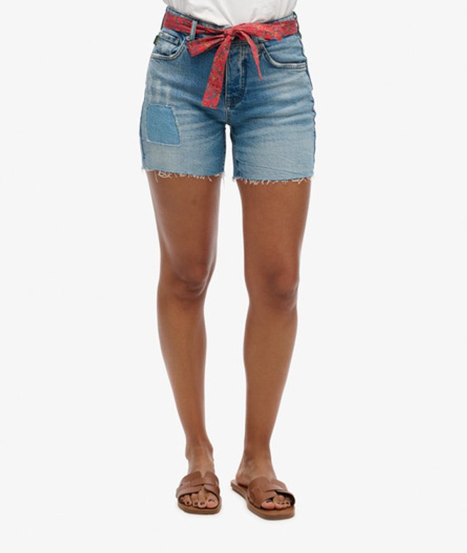 Superdry & Co Women's Vintage Mid Rise Slim Shorts Blue / Mid Wash Rip And Repair - Size: 26