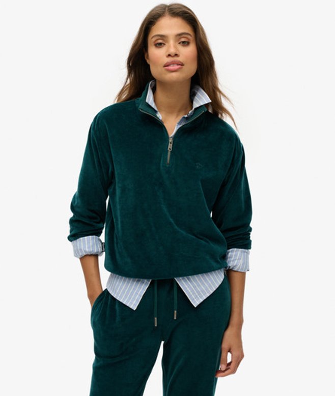Superdry & Co Women's Velour Half Zip Sweatshirt Green / Dark Pine Green - Size: 10