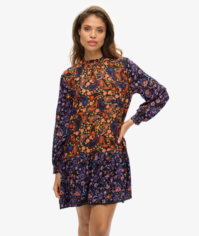 Superdry Women's Paisley Print High Neck Mini Dress, Purple & Orange, Size: 8