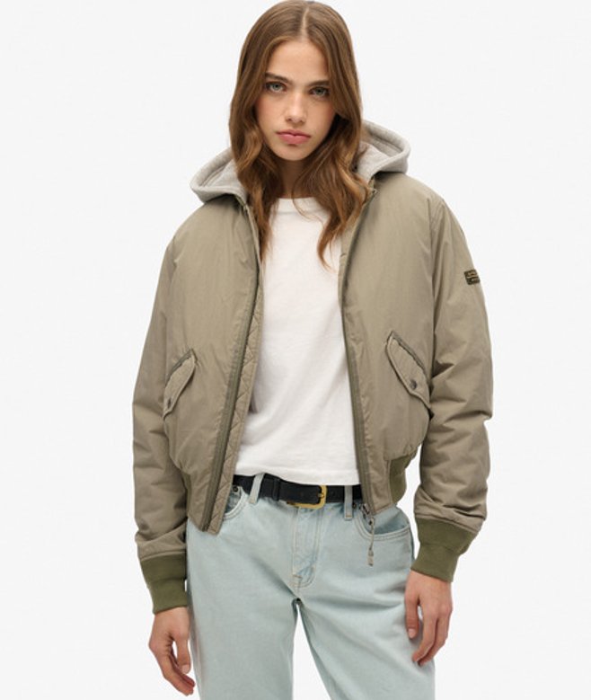 Superdry & Co Women's Hooded MA1 Bomber Jacket Khaki / Light Khaki Green - Size: 14