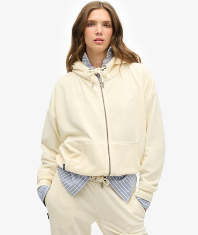 Superdry & Co Women's Velour Zip Hoodie White / Desert Bone Off White - Size: 10