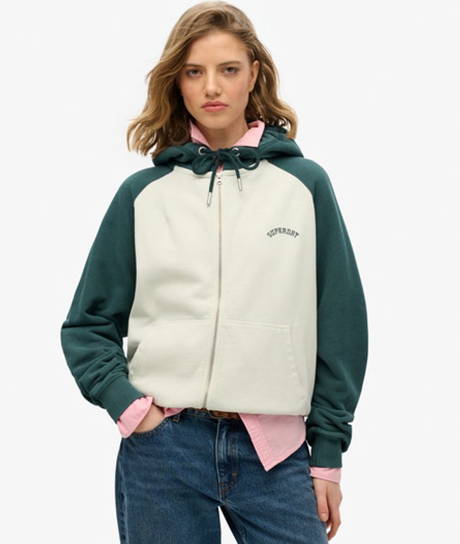 Superdry & Co Women's Essential Logo Oversized Raglan Zip Hoodie Cream / Desrt Bone Off Wht/d Pne Green - Size: 10