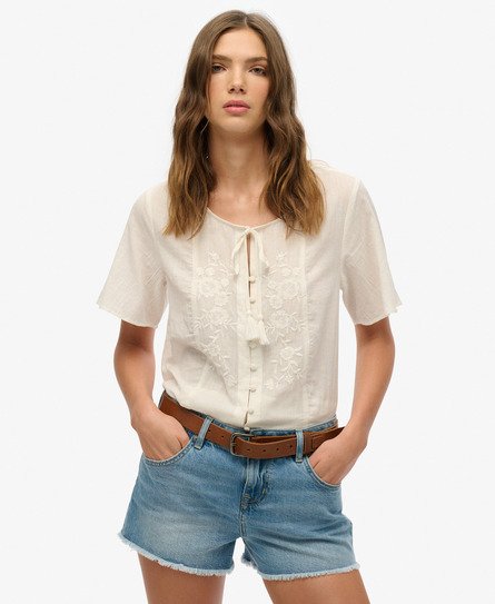Superdry Women’s Classic Embroidered Short Sleeve Button Top, Cream, Size: 6