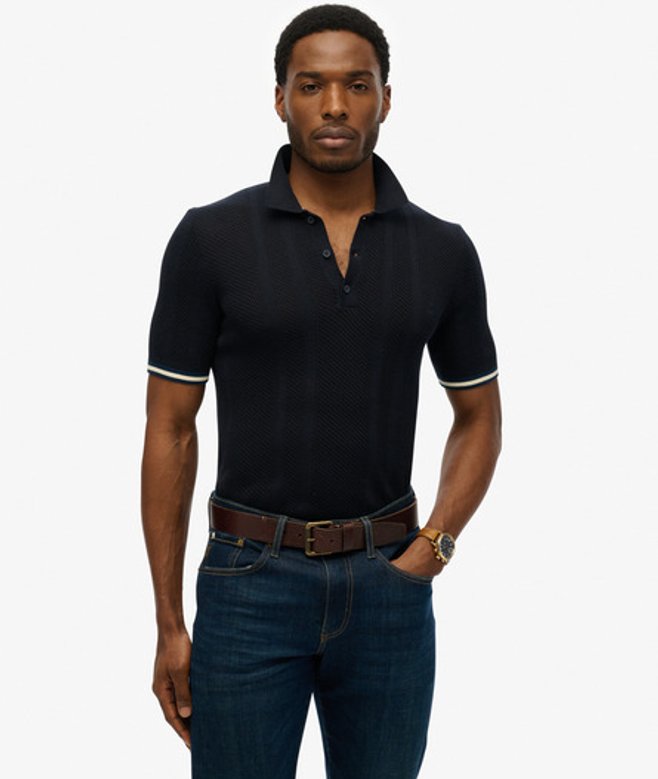 Superdry & Co Men's Knitted Texture Short Sleeve Polo Shirt Navy / Classic Navy Linear - Size: Xxl