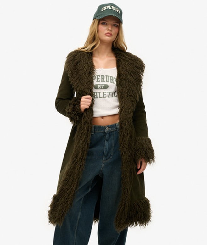 Superdry & Co Lange Hippiejas met Voering van Imitatiebont Khaki Grootte: 44