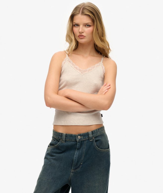 Superdry & Co Women's Essential Lace Trim Cami Top Cream / Oat Cream Marl - Size: 16