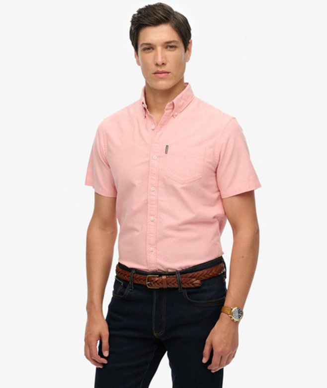 Superdry & Co Men's Oxford Short Sleeve Shirt Pink / Rose Pink Chambray - Size: M