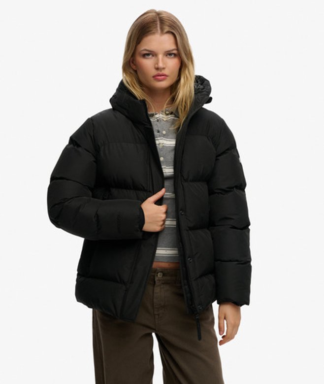 Superdry & Co Women's Hooded Mid Length Sports Puffer Jacket Black - Size: 16