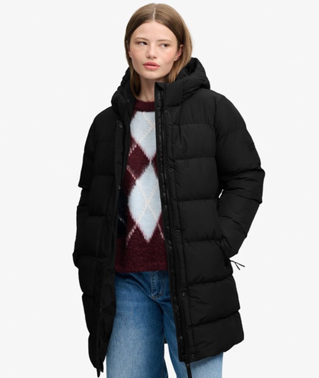 Superdry & Co Women's Hooded Sports Puffer Mid Length Jacket Black - Size: 14