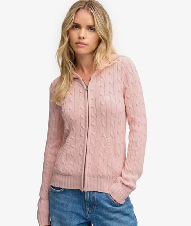 Superdry & Co Cotton Cable Lynlås-hettegenser Slim Passform Pink Grootte: 42
