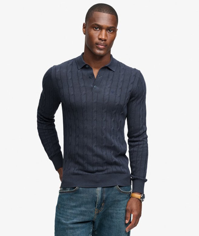Superdry & Co Gebreide Cable Poloshirt Relaxed Pasvorm Blauw Grootte: L
