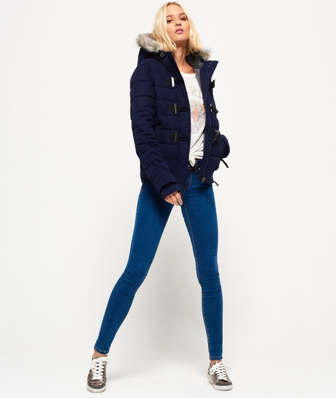 Veste Superdry Femme Capuche Fourrure - Bleu Marine - Taille UK 10 (Petit) - Occasion