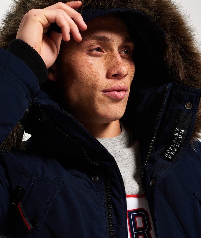 mens Premium Down Trans-Alps Parka Jacket in Navy Superdry UK