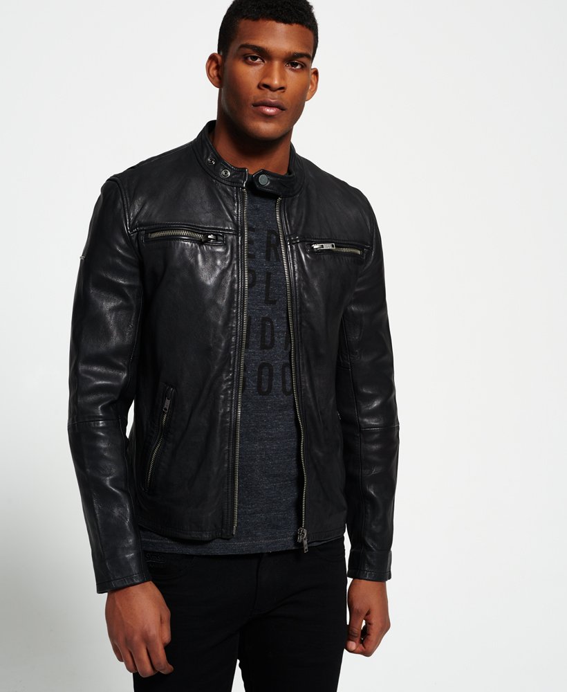 mens Classic Real Hero Biker Leather Jacket in Black | Superdry CA-EN